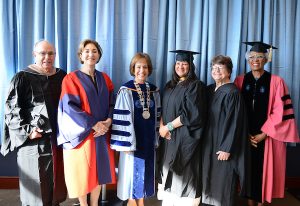 Honorary Degree Recipients (left to right: Paul Fulton, Jr., Anne-Marie Slaughter, Sandra Cisneros, Sister Helen Prejean, CSJ, and Nell Irvin Painter) stand with Chancellor Carol L. Folt before the Spring Commencement ceremony on May 8, 2016 at Kenan Stadium at the University of North Carolina at Chapel Hill. (Melanie Busbee/UNC-Chapel Hill).